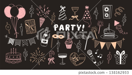 Doodle party elements. Hand drawn festive icon. Sketch pencil birthday, New Year, and Merry Christmas celebration. Funny cake, music, balloons, confetti, decoration symbols. Vector set Doodle party elements. Hand drawn festive icon. Sketch pencil birthday, New Year, and Merry Christmas celebration. Funny cake, music, balloons, confetti, decoration symbols. Vector set 138162933
