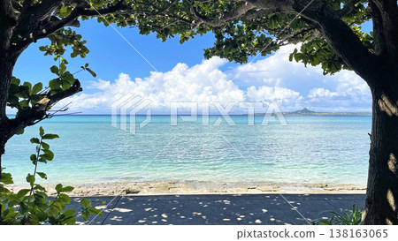 The Bise Fukugi tree-lined street, the expansive emerald sea, and Ie Island: A natural frame in Motobu Town, Okinawa. The Bise Fukugi tree-lined street, the expansive emerald sea, and Ie Island: A natural frame in Motobu Town, Okinawa. 138163065