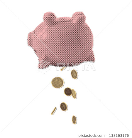 Emptying savings and unexpected expenses concept. Upside down piggy bank spilling coins and money. Retro halftone collage vector illustration for personal bankruptcy, inflation and financial loss. 138163176