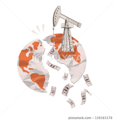 Global oil crisis and geopolitical conflict concept. Torn crumpled paper earth spilling dollars with oil rig. Retro pop art halftone collage vector illustration for energy deficit and inflation. 138163178