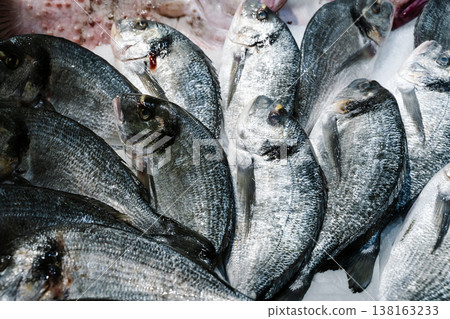 Fresh dorado fish or sea bream on ice at a local seafood market. Close-up shot of raw chilled fish heads with silver scales, ready for cooking in a restaurant or at home Fresh dorado fish or sea bream on ice at a local seafood market. Close-up shot of raw chilled fish heads with silver scales, ready for cooking in a restaurant or at home 138163233