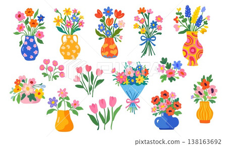 Cute spring flower bouquets in vases dopamine decor flat vector set Cute spring flower bouquets in vases dopamine decor flat vector set 138163692