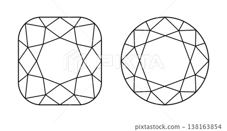 Diamond cushion angular, circle icon. Diamond black line flat style pattern. Set of logo round, cushion angular brilliant cut. Gemstone linear minimalist template. Classic diamond shape symbol. Diamond cushion angular, circle icon. Diamond black line flat style pattern. Set of logo round, cushion angular brilliant cut. Gemstone linear minimalist template. Classic diamond shape symbol. 138163854