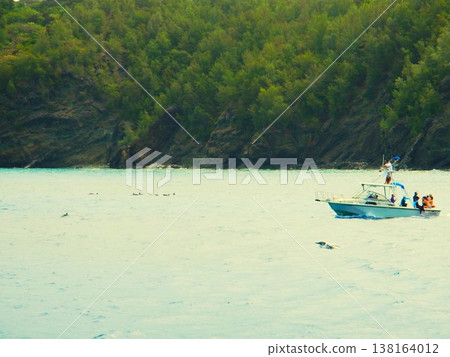 在小笠原群島附近海域乘船觀賞海豚。 在小笠原群島附近海域乘船觀賞海豚。 138164012