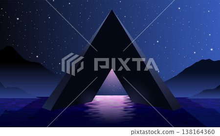 Geometric pyramid with door or surreal neon entrance glowing in the night with reflection on water and mountains on background Geometric pyramid with door or surreal neon entrance glowing in the night with reflection on water and mountains on background 138164360