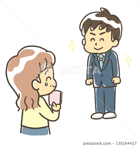 一位女士看到一位穿西裝的男士後哭了。 一位女士看到一位穿西裝的男士後哭了。 138164427