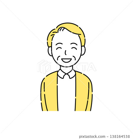 一幅簡單的插圖，描繪了一位微笑的老年男子，他的眼睛似乎也在微笑，並以黃色點綴。 138164538