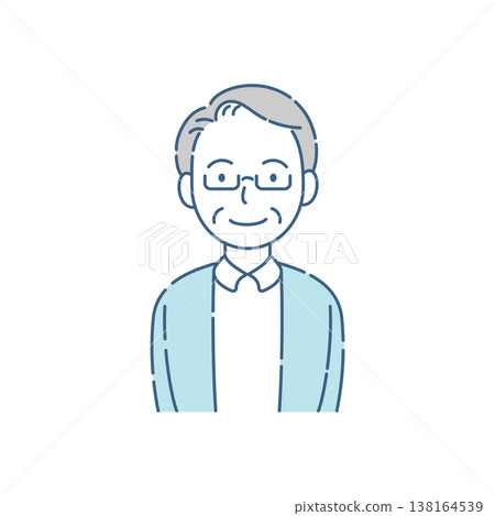 一幅簡單的插圖,描繪了一位戴著眼鏡、微笑的老年男子,並採用藍灰色配色。 一幅簡單的插圖,描繪了一位戴著眼鏡、微笑的老年男子,並採用藍灰色配色。 138164539