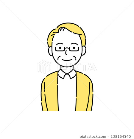 A simple illustration of a smiling senior man wearing glasses, with yellow accents. A simple illustration of a smiling senior man wearing glasses, with yellow accents. 138164540