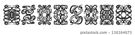 Abstract symmetric organic shapes, hand drawn futuristic swirl tattoo set, card back ornament design Abstract symmetric organic shapes, hand drawn futuristic swirl tattoo set, card back ornament design 138164873