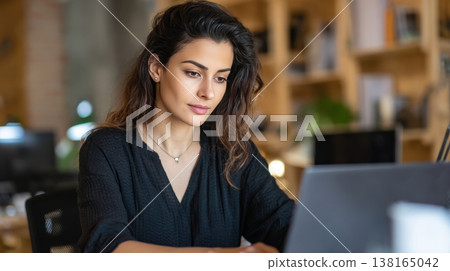 A focused woman with long brown hair works on a laptop in a modern office with shelves in the background 138165042