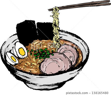 拉麵和筷子的水墨插畫 138165480