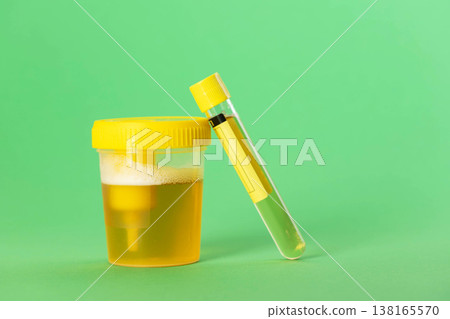 A test tube with reagent and urine on a green background. Bacterial culture for Enterobacteriaceae and Staphylococcus saprophyticus bacteria, which cause pain and inflammation in the urinary tract. A test tube with reagent and urine on a green background. Bacterial culture for Enterobacteriaceae and Staphylococcus saprophyticus bacteria, which cause pain and inflammation in the urinary tract. 138165570
