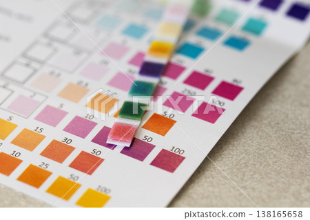 Water quality test strip displaying multiple color pads placed on matching color chart with numerical values, indicating various parameter levels of water sample 138165658