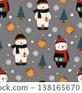 Adorable seamless winter pattern featuring cute bears in scarves and hats, Christmas trees, snowflakes, and gift boxes on a grey background. Perfect for holiday textiles, wrapping paper, kids products 138165670