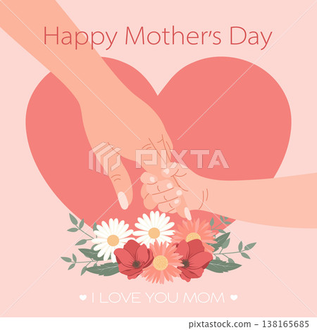 Happy Mothers day greeting card with mom and child holding hands on the heart. Illustration. 138165685