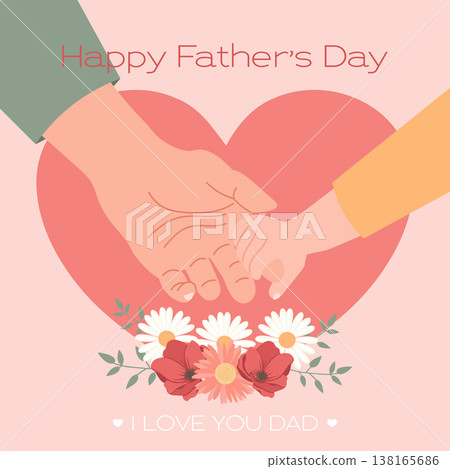 Happy Fathers day greeting card with father and child holding hands on the heart. Illustration. 138165686