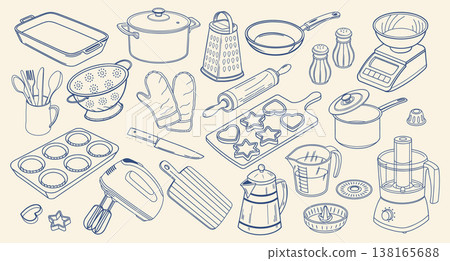 Collection of hand drawn kitchen utensils and cooking tools. Home cooking set with pots, pans, knives and accessories. Outline illustration. Collection of hand drawn kitchen utensils and cooking tools. Home cooking set with pots, pans, knives and accessories. Outline illustration. 138165688