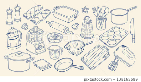 Collection of hand drawn kitchen utensils and cooking tools. Home cooking set with pots, pans, knives and accessories. Outline illustration. Collection of hand drawn kitchen utensils and cooking tools. Home cooking set with pots, pans, knives and accessories. Outline illustration. 138165689
