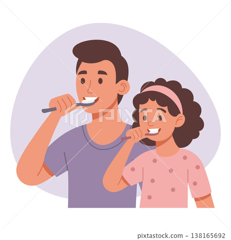 Father and daughter brushing teeth together. Personal hygiene. Daily routine. Illustration. Father and daughter brushing teeth together. Personal hygiene. Daily routine. Illustration. 138165692