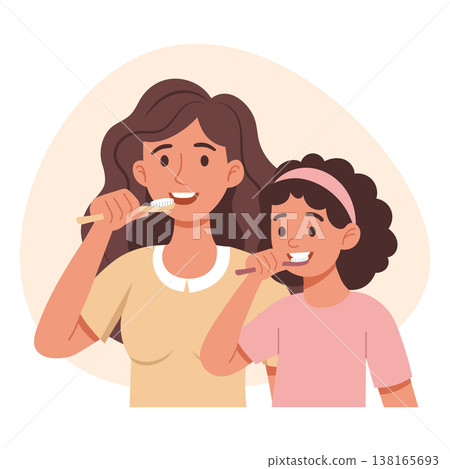 Mother and daughter brushing teeth together. Personal hygiene. Daily routine. Mother and daughter brushing teeth together. Personal hygiene. Daily routine. 138165693