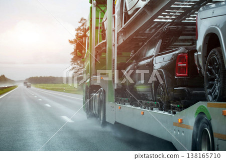 Heavy car carrier truck transport new vehicles on wet highway during rain, water spray from tires, low visibility, hazardous road conditions. Copy space for text, custom-made car delivery Heavy car carrier truck transport new vehicles on wet highway during rain, water spray from tires, low visibility, hazardous road conditions. Copy space for text, custom-made car delivery 138165710
