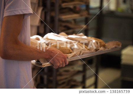 Baker hands holding metal baking tray with raw bread dough loaves covered in linen cloth, preparation for baking in artisan bakery workshop Baker hands holding metal baking tray with raw bread dough loaves covered in linen cloth, preparation for baking in artisan bakery workshop 138165739