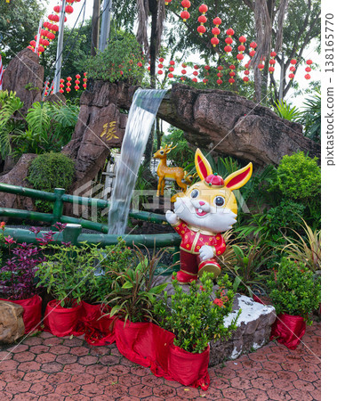 Chinese New Year rabbit statue, red lanterns, and waterfall at Thean Hou Temple, Kuala Lumpur, Malaysia 138165770