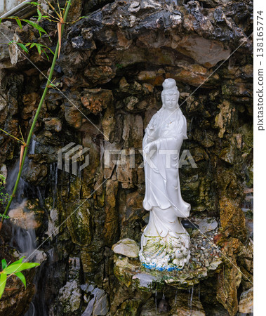 Guanyin Goddess of Mercy statue, waterfall and bamboo, Thean Hou Temple, Kuala Lumpur, Malaysia 138165774