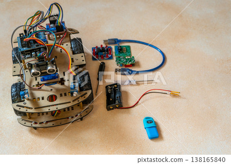 Robot Car components. Educational electronics project for STEM learning and robotics Robot Car components. Educational electronics project for STEM learning and robotics 138165840