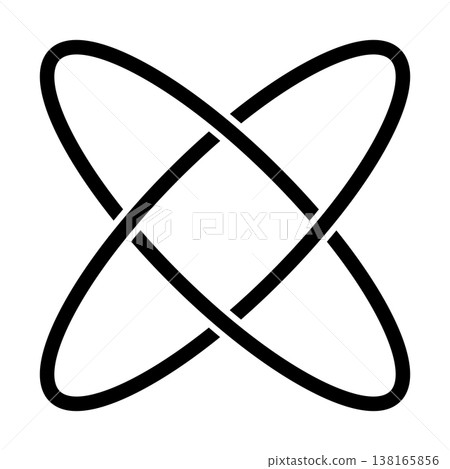 Stylized atomic nucleus, intersecting elliptical paths, scientific energy 138165856