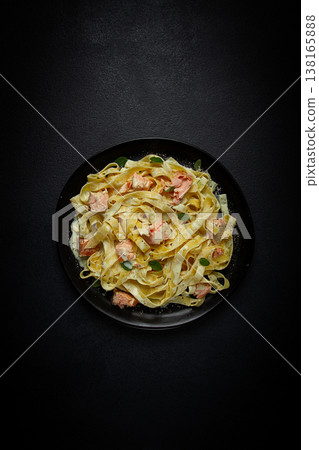 tagliatelle pasta, in cream sauce with salmon, homemade, no people, 138165888