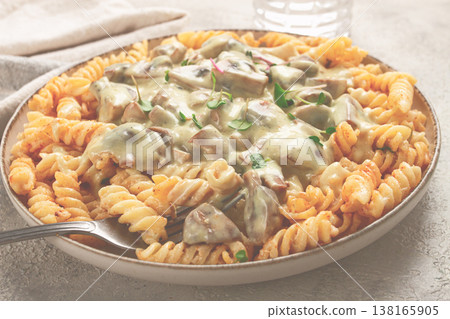 fusilli pasta, with champignons, in creamy garlic sauce, with herbs and spices, sauce, no people, fusilli pasta, with champignons, in creamy garlic sauce, with herbs and spices, sauce, no people, 138165905