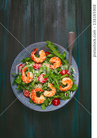 Shrimp salad with arugula and cherry tomatoes, with parmesan cheese, healthy food, 138165908