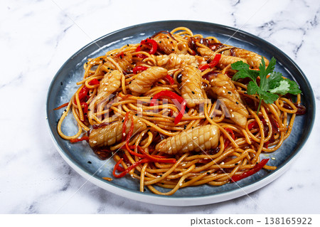 udon noodles, with squid and vegetables, on a marble table, homemade, no people, udon noodles, with squid and vegetables, on a marble table, homemade, no people, 138165922