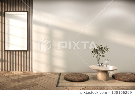 Modern Zen Interior Visualization low table and decoration on minimal Japandi room japan style.3D rendering Modern Zen Interior Visualization low table and decoration on minimal Japandi room japan style.3D rendering 138166299
