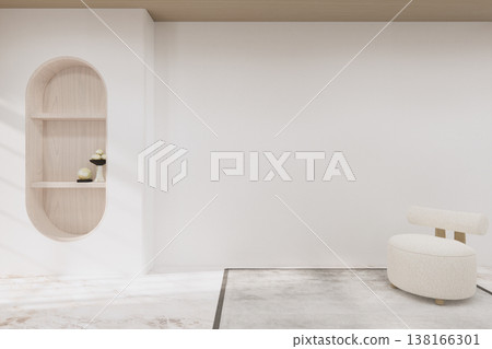 mini armchair on living room has arm chair, Mock up on wooden floor on white wall.3D rendering mini armchair on living room has arm chair, Mock up on wooden floor on white wall.3D rendering 138166301