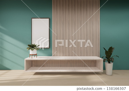 Floating Shelf on room The Serene Nook room Minimalist Zen Living on mint room and Wooden Feature Wall.3D rendering Floating Shelf on room The Serene Nook room Minimalist Zen Living on mint room and Wooden Feature Wall.3D rendering 138166307