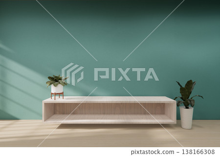 Floating Shelf on room The Serene Nook room Minimalist Zen Living on mint room and Wooden Feature Wall.3D rendering 138166308