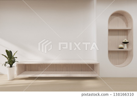 Floating Shelf on room The Serene Nook room Minimalist Zen Living on white room and Wooden Feature Wall.3D rendering 138166310