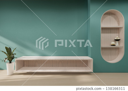 Floating Shelf on room The Serene Nook room Minimalist Zen Living on mint room and Wooden Feature Wall.3D rendering 138166311