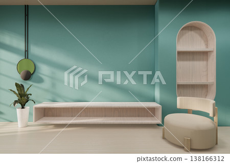 Floating Shelf on room The Serene Nook room Minimalist Zen Living on mint room and Wooden Feature Wall.3D rendering 138166312