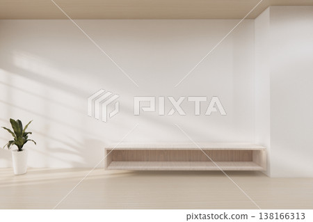 Floating Shelf on room The Serene Nook room Minimalist Zen Living on white room and Wooden Feature Wall.3D rendering 138166313