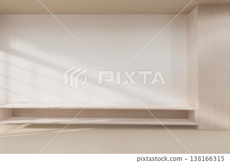 Floating Shelf on room The Serene Nook room Minimalist Zen Living on white room and Wooden Feature Wall.3D rendering 138166315