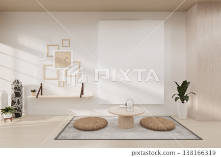 Modern Zen Interior Visualization low table and decoration on minimal Japandi room japan style.3D rendering Modern Zen Interior Visualization low table and decoration on minimal Japandi room japan style.3D rendering 138166319