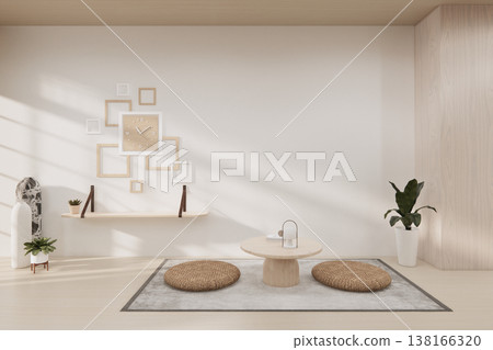 Modern Zen Interior Visualization low table and decoration on minimal Japandi room japan style.3D rendering Modern Zen Interior Visualization low table and decoration on minimal Japandi room japan style.3D rendering 138166320