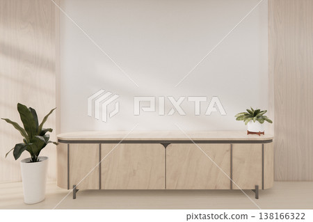 Mock up Cabinet Tv on wooden wall panel design , plants and decortion on wood floor .3D rendering 138166322
