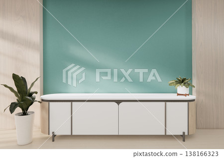 Floating Shelf on room The Serene Nook room Minimalist Zen Living on mint room and Wooden Feature Wall.3D rendering 138166323