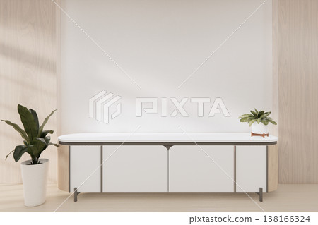 Mock up Cabinet Tv on wooden wall panel design , plants and decortion on wood floor .3D rendering 138166324