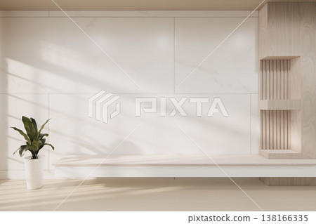 Floating Shelf on room The Serene Nook room Minimalist Zen Living on white room and Wooden Feature Wall.3D rendering 138166335